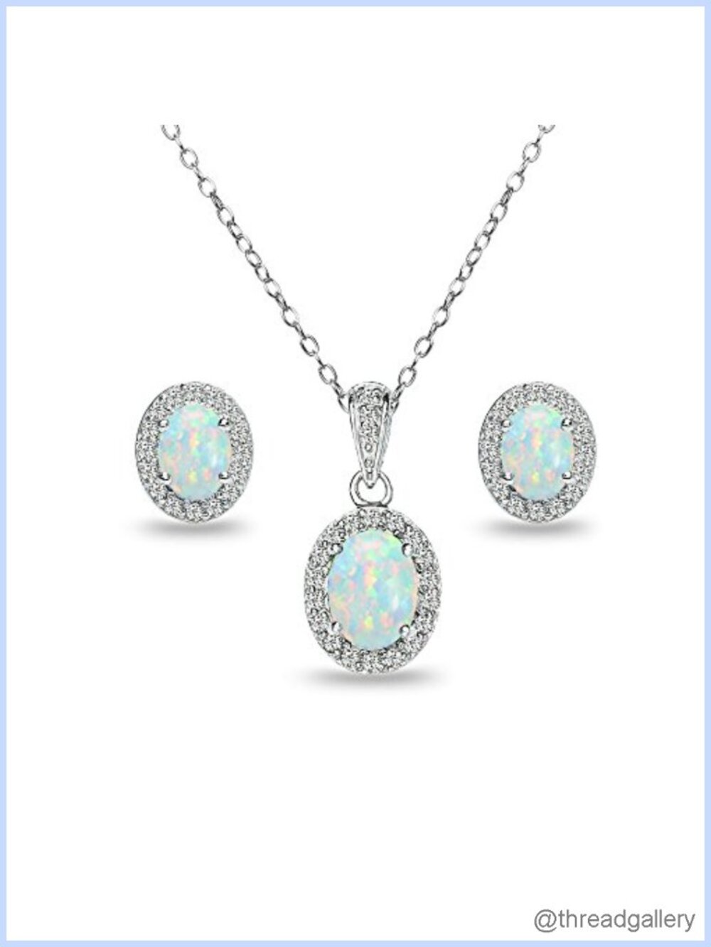 Sterling Silver Opal Halo Necklace & Earrings Jewelry Set 18" Chain